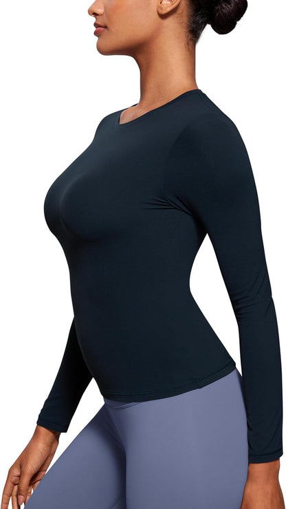 CRZ YOGA Long Sleeve Shirts for Women Soft Crew Neck Fall Basic Tight Tops Fitted Casual Going Out T-Shirts